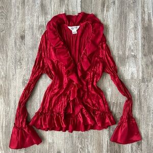 *SOLD!* Allison Taylor Red Silky Satin Red Ruffle Long Sleeve Top